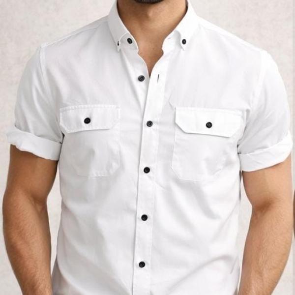 Double Pocke Regular Fit Spread Collar Solid Cotton Casual Shirt for Men