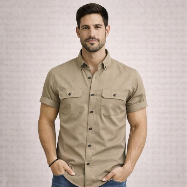 Double Pocke Regular Fit Spread Collar Solid Cotton Casual Shirt for Men