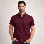 Double Pocke Regular Fit Spread Collar Solid Cotton Casual Shirt for Men