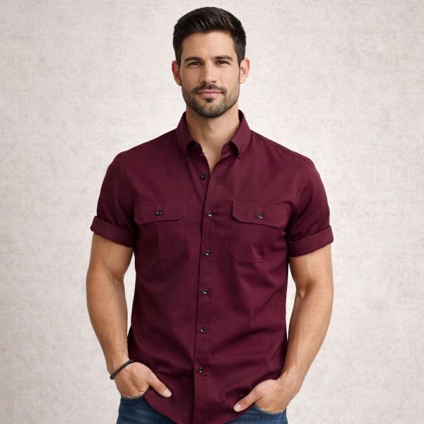Double Pocke Regular Fit Spread Collar Solid Cotton Casual Shirt for Men