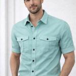 Double Pocke Regular Fit Spread Collar Solid Cotton Casual Shirt for Men