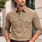 Double Pocke Regular Fit Spread Collar Solid Cotton Casual Shirt for Men