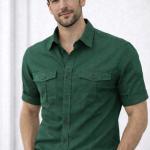 Double Pocke Regular Fit Spread Collar Solid Cotton Casual Shirt for Men