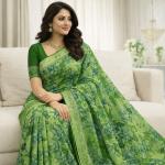 Georgette Block Printed Sarees for Women with Blouse Piece(GREEN)