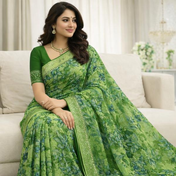 Georgette Block Printed Sarees for Women with Blouse Piece(GREEN)