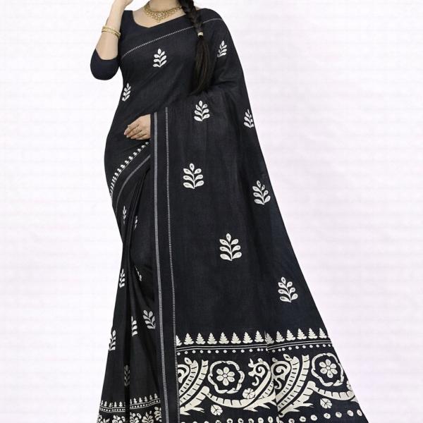 Cotton Saree with White Warli Art Print | Soft Handcrafted Cotton Fabric | Lightweight and Comfortable Saree for Women