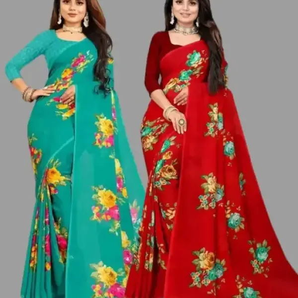  Combo Floral Sarees, Set of 2, Georgette Printed Sarees