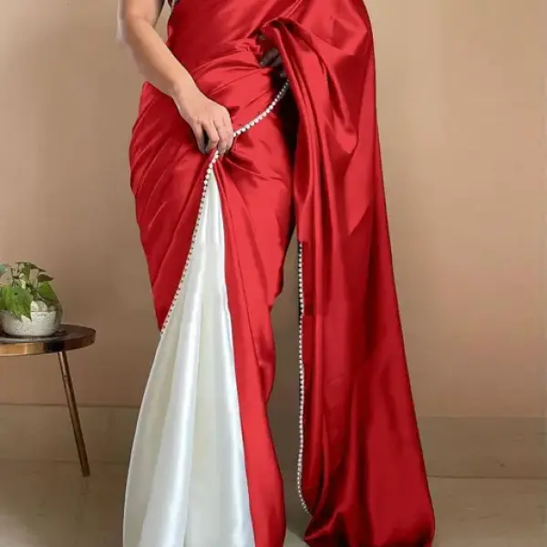  Womens Red Japan Satin Half Half Designer Border Saree