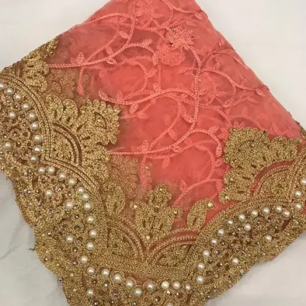 Begumpuri Net Peach Beads & Stones Saree