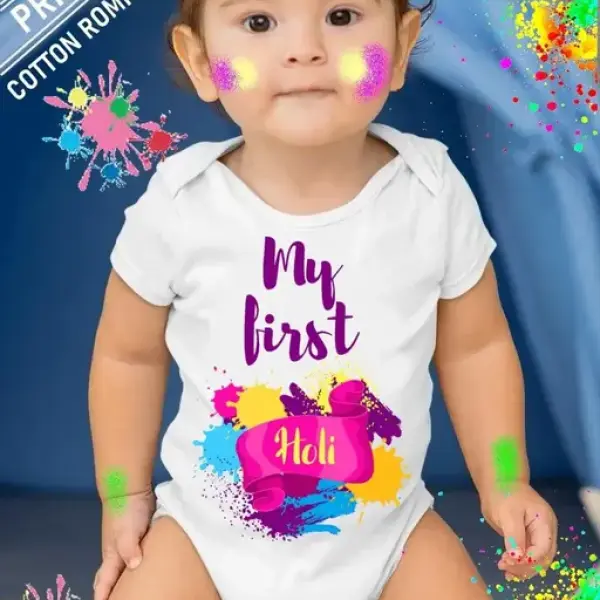 Cotton Printed Romper Dress - My first Holi