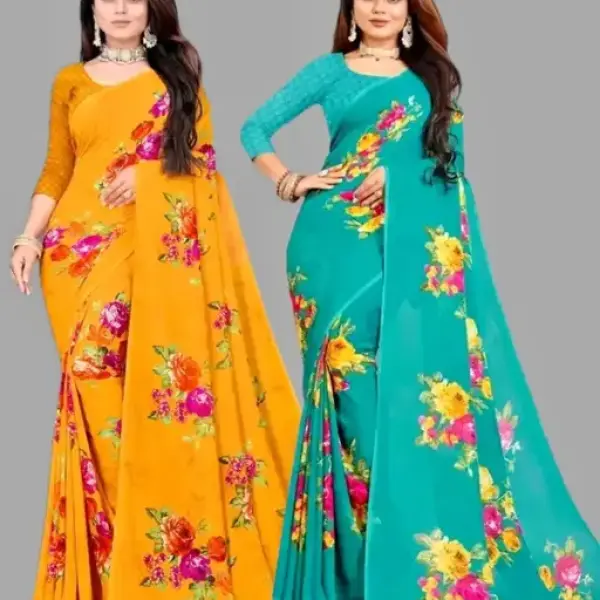  Combo Floral Sarees, Set of 2, Georgette Printed Sarees
