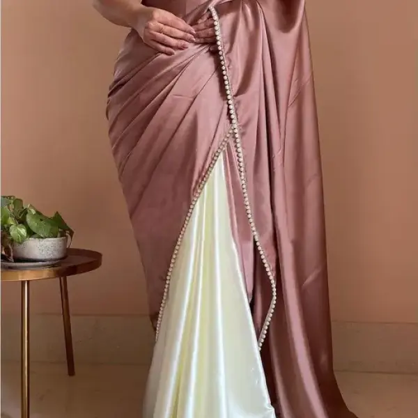  Womens Brown Japan Satin Half Half Designer Border Saree
