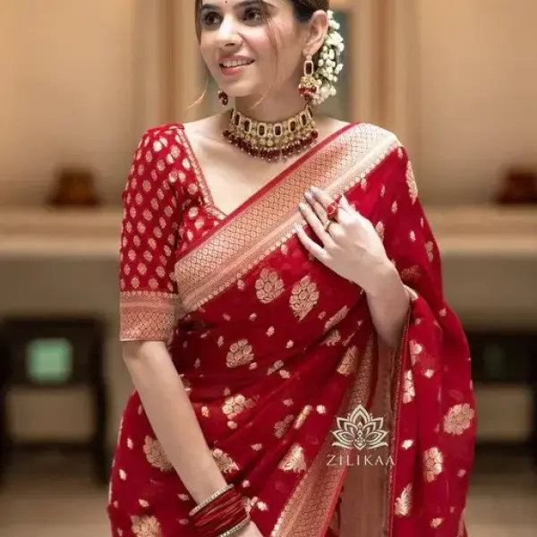 Jacquard Gold Zari Woven Litchi Silk Traditional Soft Banarasi Saree
