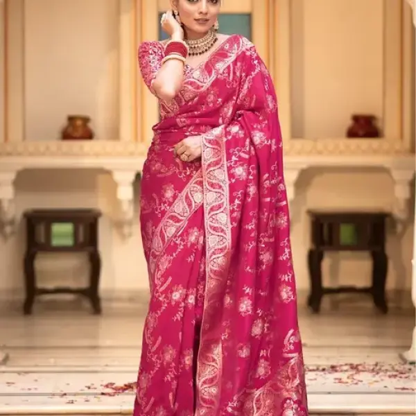  Woven, Embellished Kanjivaram Silk Blend, Jacquard Saree
