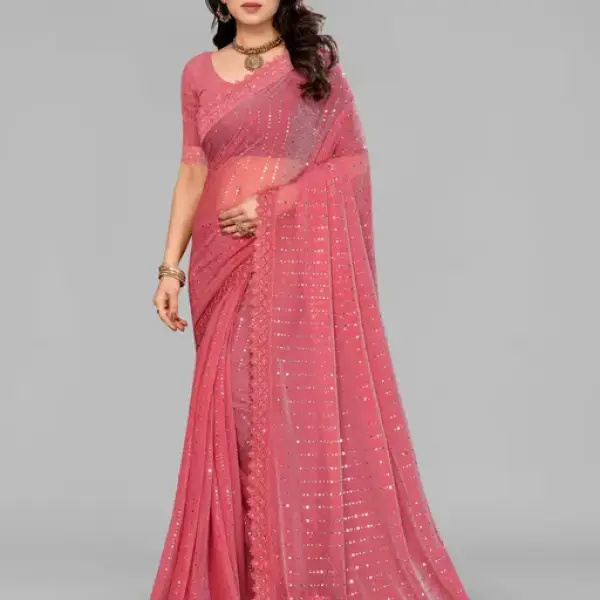 SHIMMER SAREE WITH MIRROR AND DIMOND HAND WORK