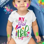 Holi Printed Cotton White Half Sleeve Baby Rompers