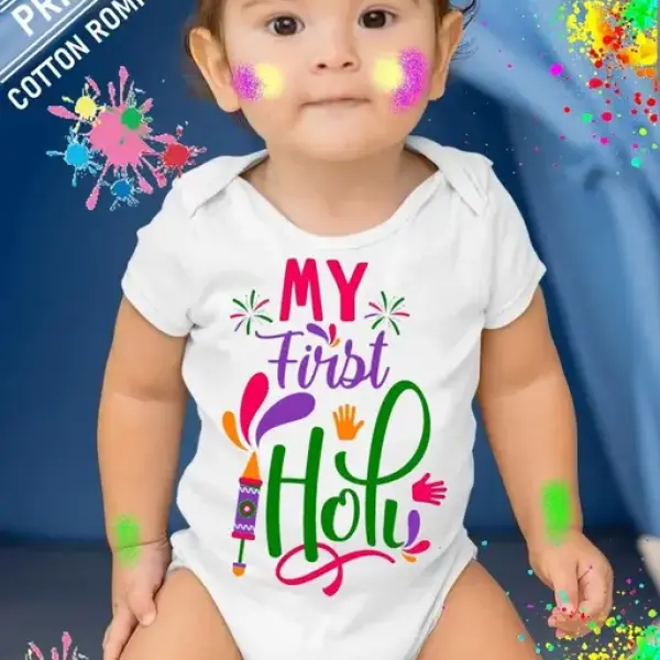 Holi Printed Cotton White Half Sleeve Baby Rompers