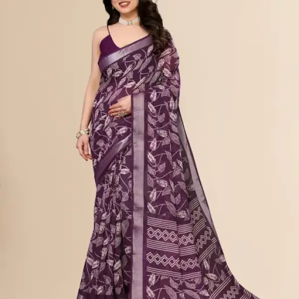 Women Silver Jari Border Linen Printed Saree