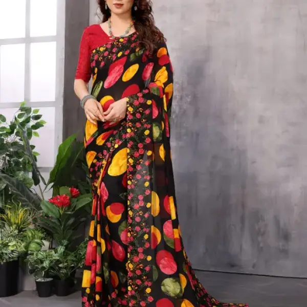  Polka Dot Blue Printed Georgette Printed Saree